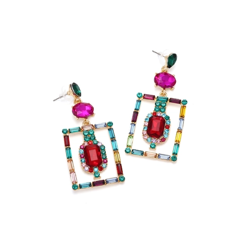 Vintage Court Style Geometric Rectangle Drop Earrings Colorful Rhinestone Zinc Alloy Inlay For Women Fashion Statement