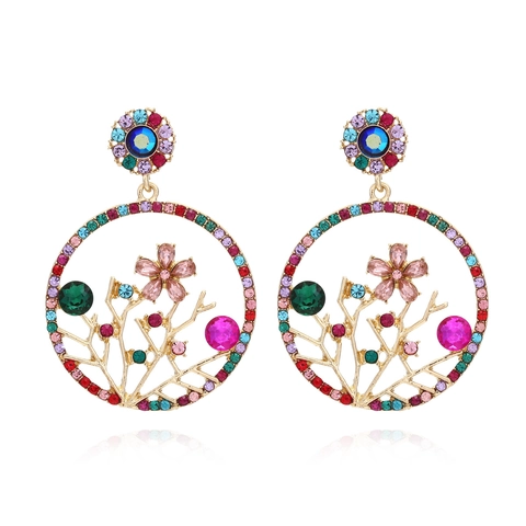 Pendientes Colgantes Redondos Vintage Boho Aleación De Zinc Rhinestone Cristal Colorido Flor Rama Joyería Para Mujeres