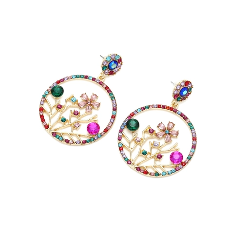 Pendientes Colgantes Redondos Vintage Boho Aleación De Zinc Rhinestone Cristal Colorido Flor Rama Joyería Para Mujeres