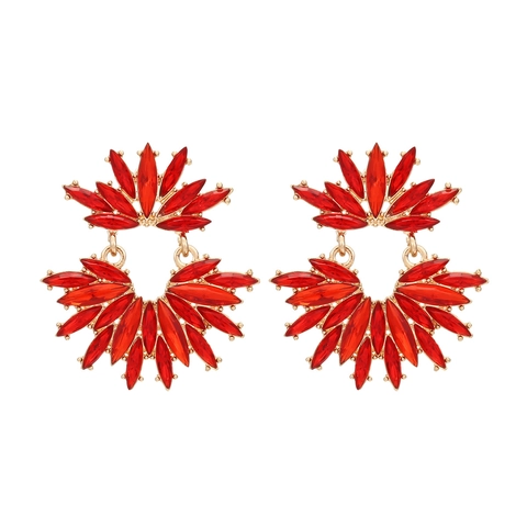 Vintage Luxury Alloy Rhinestone Flower Fan Drop Earrings For Women Elegant Geometric Sparkly Crystal Dangle Jewelry Gift