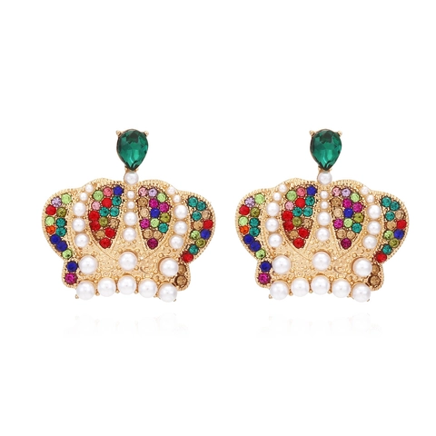 Crown Stud Earrings Alloy Colorful Rhinestone Faux Artificial Pearl Vintage Palace Style Elegant Jewelry For Women