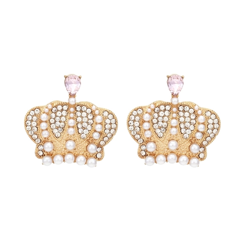 Crown Stud Earrings Alloy Colorful Rhinestone Faux Artificial Pearl Vintage Palace Style Elegant Jewelry For Women