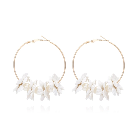 Alloy Fabric Flower Hoop Earrings With Imitation Artificial Pearls Handmade Elegant Floral Vintage Fashion For Women