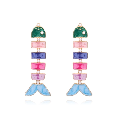 Bunte Fischgräte Hängeohrringe Für Frauen Legierung Emaille Tropföl Tier Schmuck Mit Kunstperlen Boho Stil