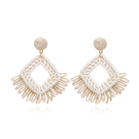 Bohemian Handmade Woven Raffia Drop Earrings Geometric Square Straw Tassel Fringe Summer Beach Vacation Jewelry For Women