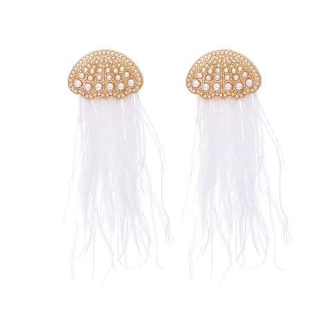Jellyfish Shell Form Lange Quaste Hänger Ohrringe Für Frauen Mit Zinklegierung Strass Kunstperlen Und Straußenfedern