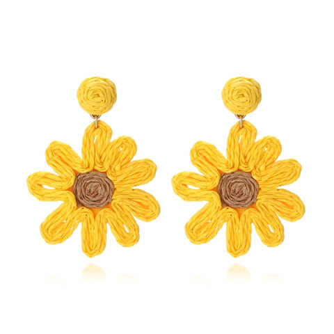 Pendientes Colgantes De Flores Tejidas De Rafia Bohemia Girasol Margarita Joyería De Playa Para Mujer