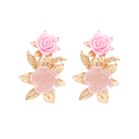 Vintage 3D Flower Drop Earrings For Women Elegant Resin Rose And Alloy Leaf Retro Floral Jewelry Gift