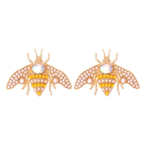 Retro Bee Stud Earrings Alloy With Colorful Rhinestones And Imitation Artificial Pearls Fashion Cute Insect Jewelry For Women