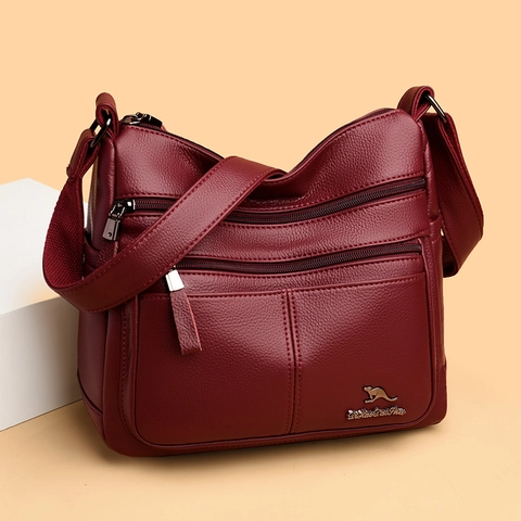 Women Crossbody Shoulder Bag PU Leather Lychee Pattern Multi Zipper Large Capacity Casual Messenger Handbag
