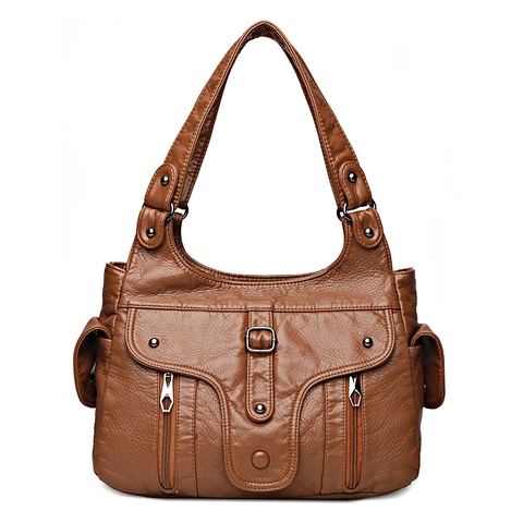 Sac À Épaule En Cuir PU Lavé Pour Femme Vintage Souple Sac À Main Multi Poches Grand Fourre-Tout Décontracté
