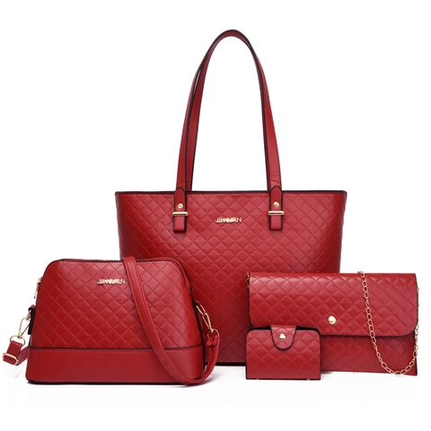 Set di Borse 4 in 1 da Donna in Pelle PU Trapuntata a Rilievo Borsa a Mano Borsa a Tracolla Pochette Portafoglio Grande Capacità
