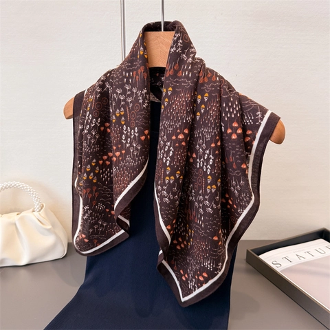 Foulard Carré Rétro À Motif Fleuri Pour Femmes Bandana En Polyester Effet Satin À Chevrons Bordure Contrastée