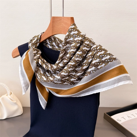 Foulard Di Raso Quadrato Vintage Spina Di Pesce Catena Stampata Bandana Per Donna Stile Retrò Francese Liscio Leggero
