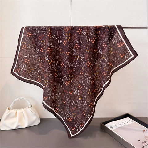 Foulard Carré Rétro À Motif Fleuri Pour Femmes Bandana En Polyester Effet Satin À Chevrons Bordure Contrastée