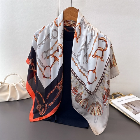 Élégant Grand Foulard Carré Sensation Satin Satin Polyester Châle Rétro Mors De Cheval Chaîne Paisley Imprimé Bandeau Cou