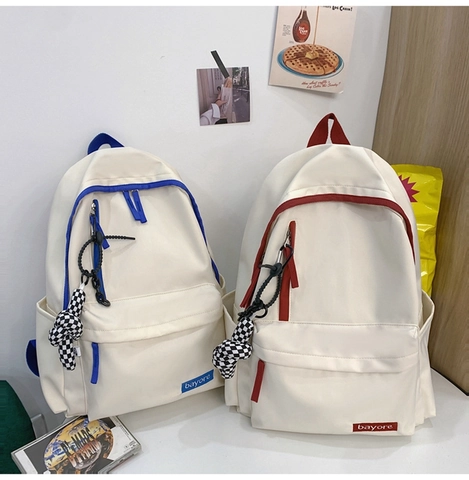 Japanese Style Nylon Student Backpack High Capacity Contrast Color Casual School Bag With Checkerboard Pendant