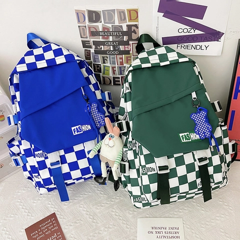 Large Capacity Checkerboard Backpack For Students Trendy Nylon School Bag With Plush Bear Rabbit Pendant For Teens Casual Travel
