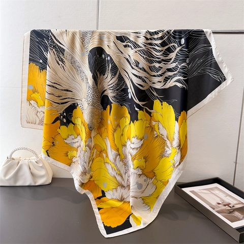 Grande Sciarpa Quadrata Elegante Imitazione Raso Stampa Fiori Pesce Rosso Scialle Per Donne Capelli Testa Moda Collo