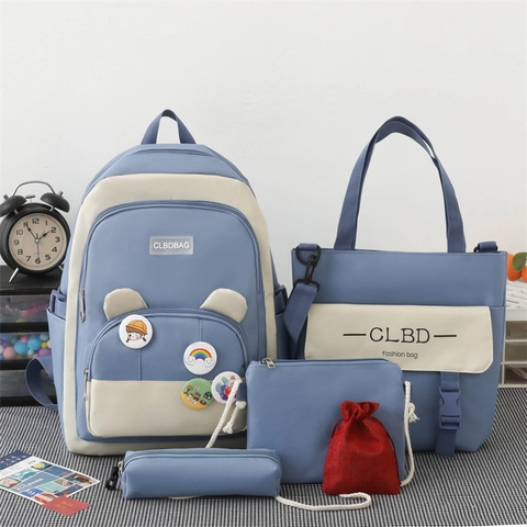 Zaino Nylon Tote Borsa Tracolla Astuccio Borsa Coulisse Grande Capacità Distintivi Cartone Animato Orecchie Studente Patchwork