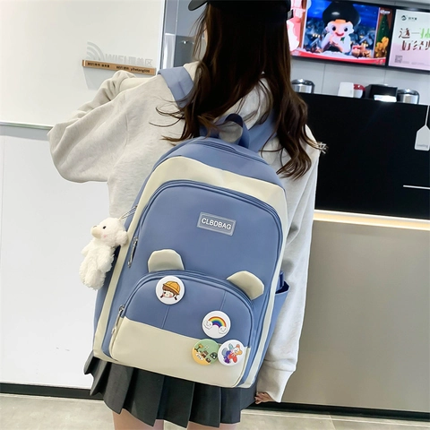 Zaino Nylon Tote Borsa Tracolla Astuccio Borsa Coulisse Grande Capacità Distintivi Cartone Animato Orecchie Studente Patchwork