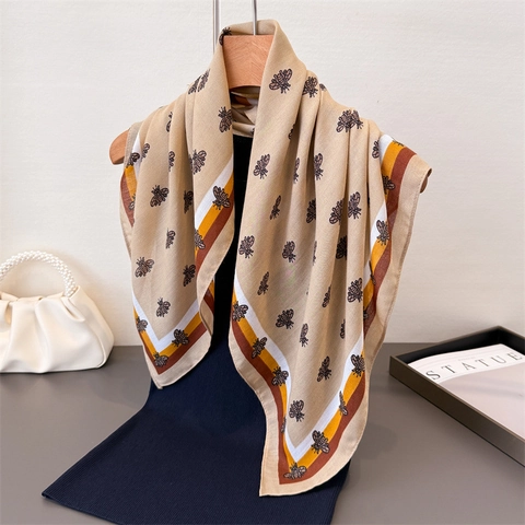 Carré De Satin Élégant Imprimé Abeille En Polyester Texture Chevrons Bordure À Rayures Rétro Pour Femme