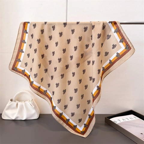 Carré De Satin Élégant Imprimé Abeille En Polyester Texture Chevrons Bordure À Rayures Rétro Pour Femme