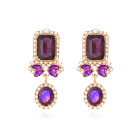 Vintage Geometric Drop Earrings With Colorful Rhinestone Faux Artificial Pearl Gold Tone Alloy And Stainless Steel Earring Post