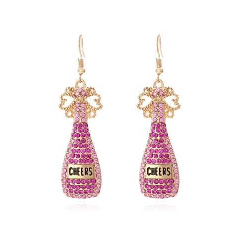 Boucles Oreilles Pendantes Bouteille Champagne Alliage Zinc Strass Cheers Lettres Dégradé Rose Violet Bijoux Fête Femmes