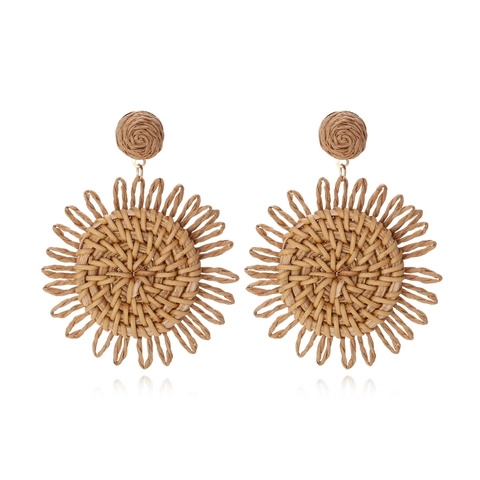 Handgefertigte Gewebte Raffia Rattan Sonnenblumen Ohrhänger Boho Urlaub Floral Stil Damen Accessoire