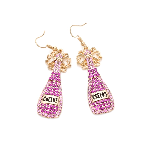Boucles Oreilles Pendantes Bouteille Champagne Alliage Zinc Strass Cheers Lettres Dégradé Rose Violet Bijoux Fête Femmes