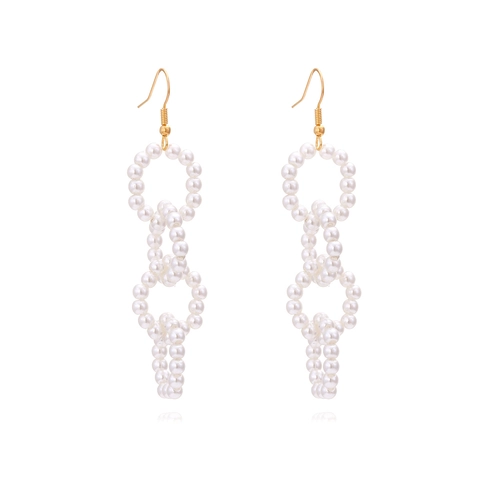 Boucles D'oreilles Longues Géométriques À Cercles Entrelacés En Fausses Künstliche Perles Style Rétro Élégant Pour Femmes Accessoire
