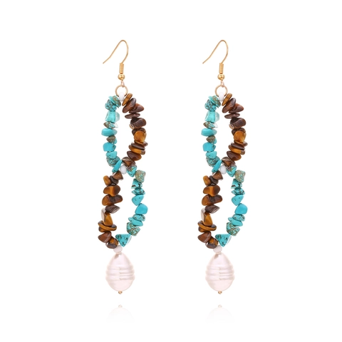 Pendientes Largos Bohemios Con Turquesa Piedra Ojo De Tigre Y Perla Barroca Artificial Cuentas Hechas A Mano Estilo Étnico Para Mujer