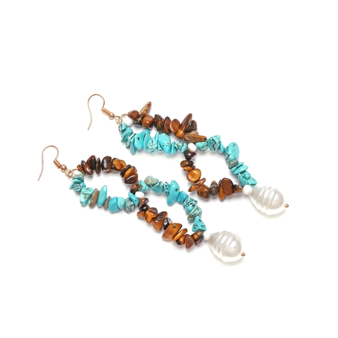 Pendientes Largos Bohemios Con Turquesa Piedra Ojo De Tigre Y Perla Barroca Artificial Cuentas Hechas A Mano Estilo Étnico Para Mujer