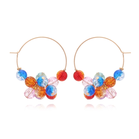 Bohemian Colorful Beaded Hoop Earrings For Women Alloy Gold Circle With Rainbow Resin Crackle Beads Summer Jewelry