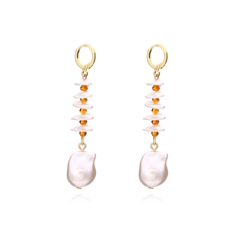 Long Tassel Earrings With Baroque Imitation Artificial Pearl And Orange Crystal Beads Shell Style Vacation Jewelry For Women