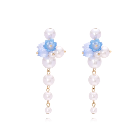 Elegant Long Tassel Drop Earrings With Blue Resin Flowers And White Faux Artificial Pearls Retro Gold Alloy Jewelry For Women