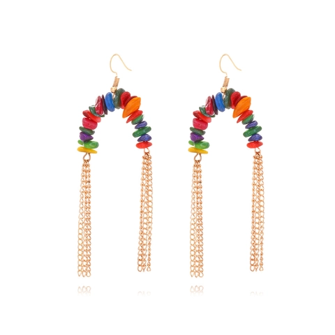 Pendientes Colgantes Bohemios Étnicos Piedras Trituradas Multicolores Aleación Dorada Borla De Cadena Larga Para Mujeres