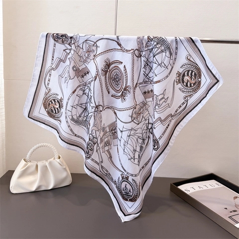 Sciarpa Quadrata Nautica Vintage Da Donna Poliestere Effetto Raso Spina Di Pesce Stampa Ancora Barca A Vela Stile Francese
