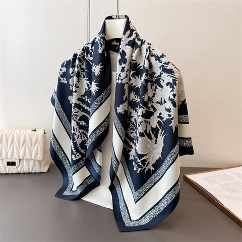 Grande Sciarpa Quadrata Elegante Stampa Floreale Cardo Raso Poliestere Scialle Professionale Per Donna Vintage Versatile