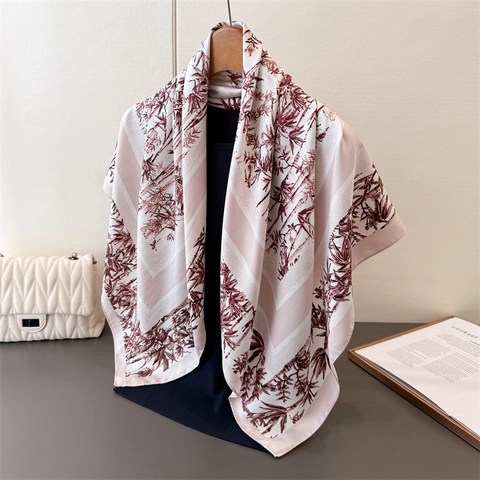 Square Scarf Women Chinese Style Bamboo Print Polyester Satin Feel Vintage Twill Shawl Wrap Headscarf Elegant Accessory