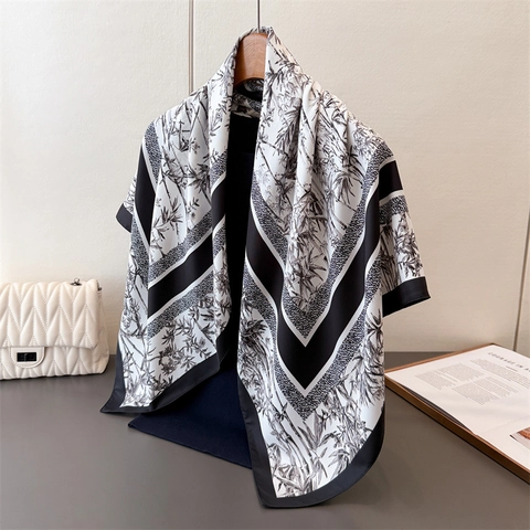 Square Scarf Women Chinese Style Bamboo Print Polyester Satin Feel Vintage Twill Shawl Wrap Headscarf Elegant Accessory