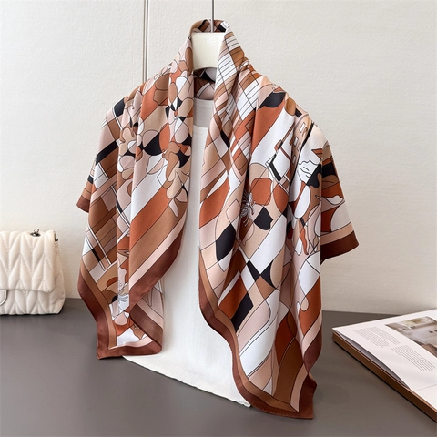 Polyester Satin Square Scarf Geometric Floral Print Elegant Large Shawl Headscarf Fashionable Neck Wrap For Women
