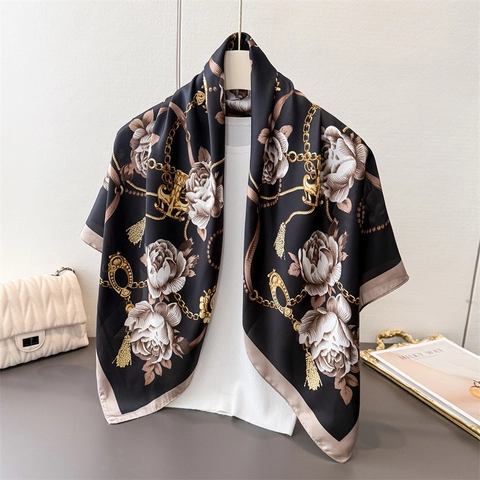 Women Large Square Scarf Elegant Floral Chain Print Satin Imitation Satin Luxury Shawl Wrap Headscarf Neck Decor