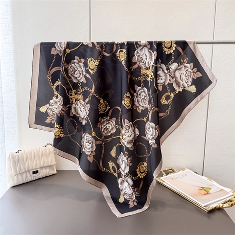 Women Large Square Scarf Elegant Floral Chain Print Satin Imitation Satin Luxury Shawl Wrap Headscarf Neck Decor