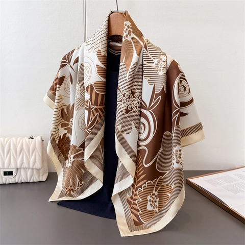 French Retro Floral Print Satin Square Scarf For Women Elegant Silk Like Polyester Shawl Professional Office Bandana Headscarf Neck Scarf