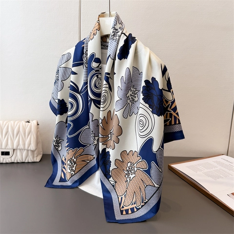 French Retro Floral Print Satin Square Scarf For Women Elegant Silk Like Polyester Shawl Professional Office Bandana Headscarf Neck Scarf