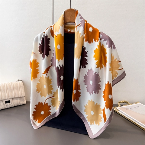 Elegant Large Floral Print Faux Satin Square Scarf Polyester Satin Shawl Headscarf Vintage Fashion Accessories For Women