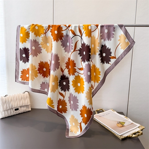 Elegant Large Floral Print Faux Satin Square Scarf Polyester Satin Shawl Headscarf Vintage Fashion Accessories For Women
