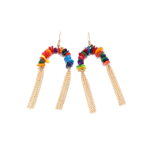 Pendientes Colgantes Bohemios Étnicos Piedras Trituradas Multicolores Aleación Dorada Borla De Cadena Larga Para Mujeres